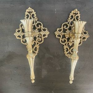 Pair of Vintage Heavy Ornate Metal Candle Wall Sconce Hollywood Regency